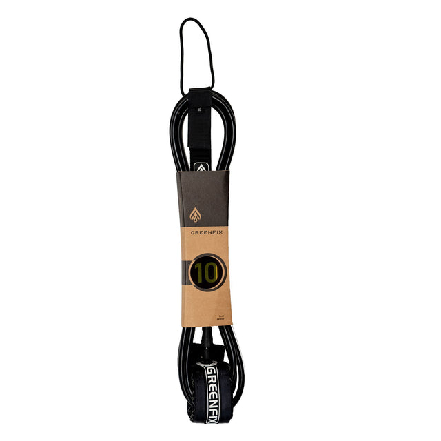 Greenfix Surfboard Leash aus recyceltem PU, schwarz mit braunem Wickel, 10er Größe, Frontansicht