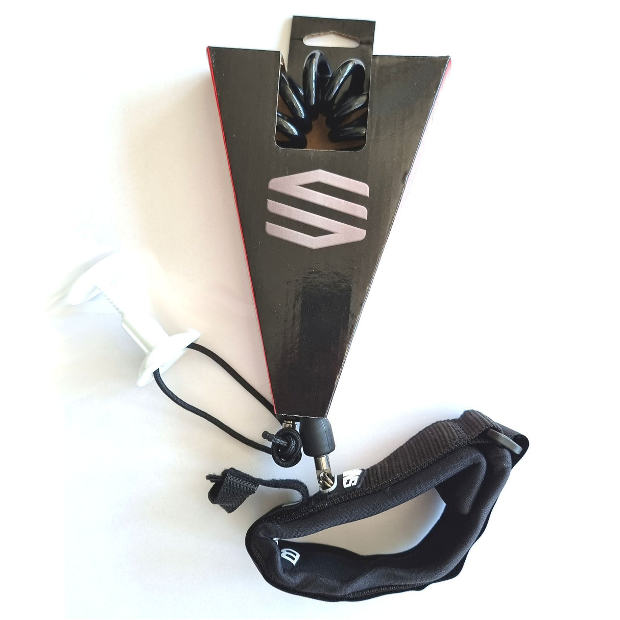 Sniper Spiral Bizeps Leash Deluxe Bodyboard schwarze Neoprene Armschlaufe mit weißem Kordel und Verpackung