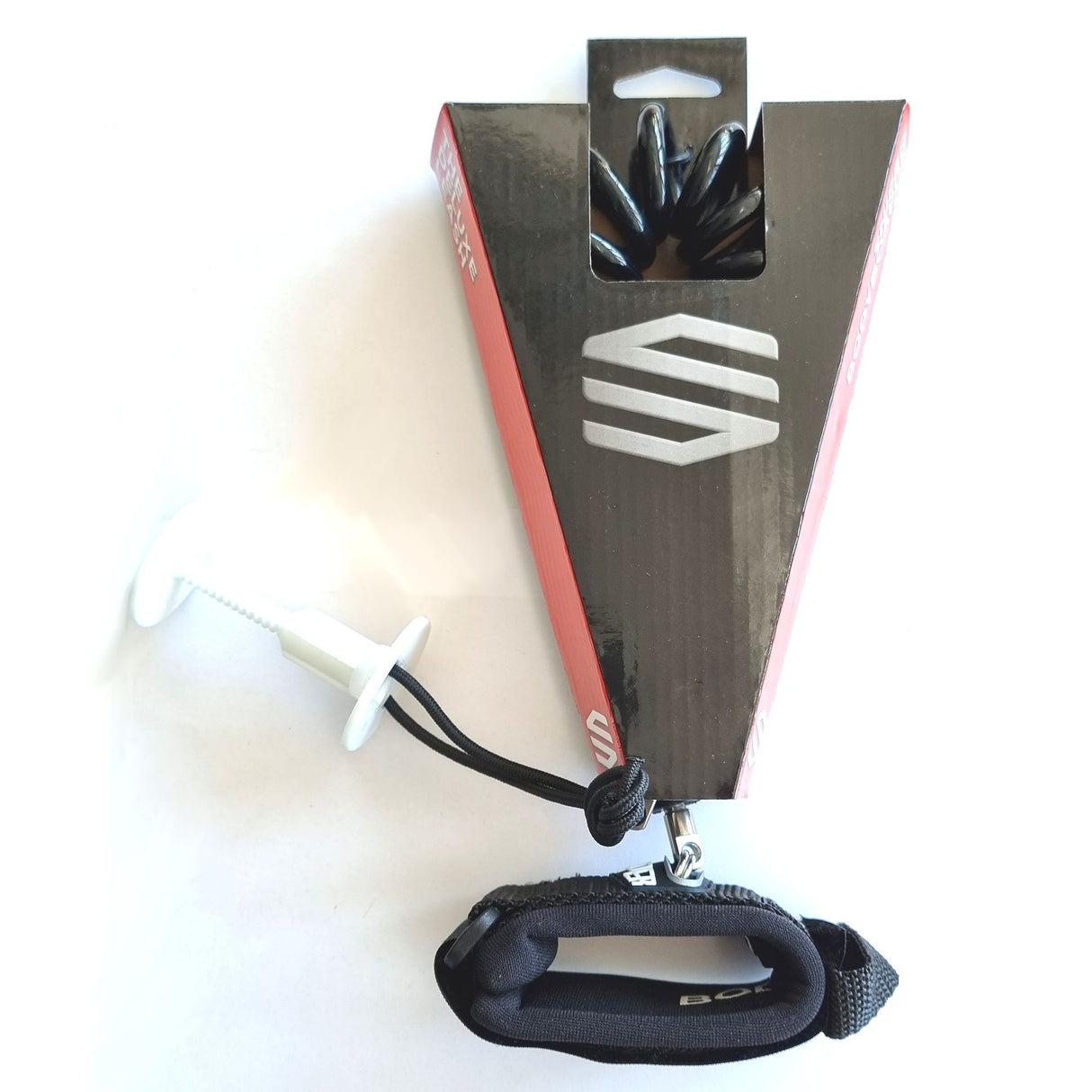 Sniper Bodyboard Spiral Wrist Leash schwarz mit weißem Verschluss, Draufsicht auf Verpackung und Produkt
