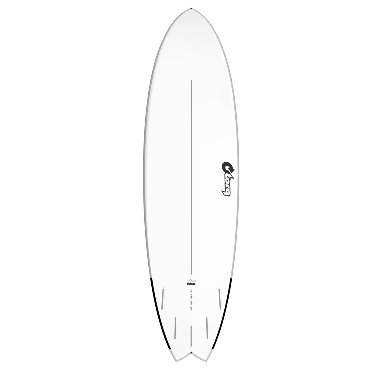 Torq Softboard EVA Mod Fish Surfboard weiß mit schwarzen Finnen, Draufsicht