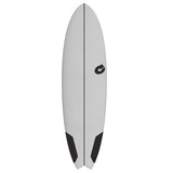 Torq Softboard EVA Mod Fish in Grau mit schwarzen Details, Draufsicht des Surfboards mit Fischform und Centerline