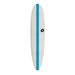 Torq Softboard EVA Longboard in Weiß mit Teal-Streifen, Draufsicht, weiches Schaumstoffboard mit Torq-Logo