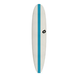 Torq Softboard EVA Longboard, weiß mit blauem Mittelstreifen, Draufsicht auf das komplette Board