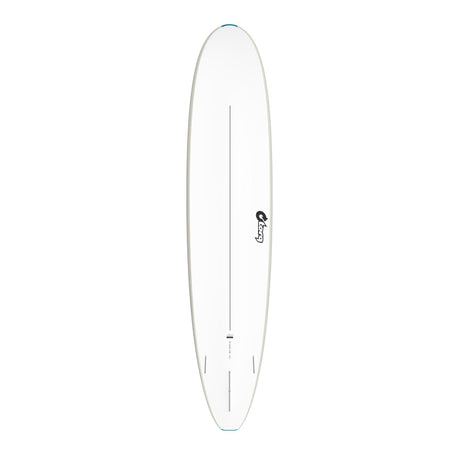 Torq Softboard EVA Longboard in Weiß, Draufsicht, mit gepolsterter EVA-Oberfläche und blauem Rail