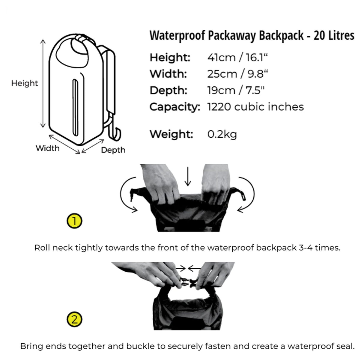 OverBoard wasserdichter Platzspar Rucksack 20L in Schwarz mit Rollverschluss und Verschlussdetails, technische Zeichnung mit Maßangaben