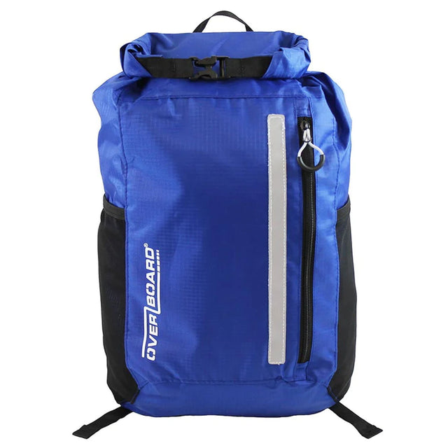 OverBoard wasserdichter Platzspar Rucksack in Blau mit schwarzen Schultergurten, Frontalansicht