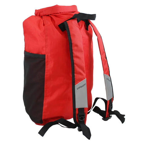 OverBoard wasserdichter Platzspar Rucksack rot mit schwarzen Taschen und Trägern, Seitenansicht