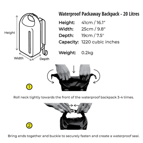 OverBoard wasserdichter Platzspar Rucksack, 20 Liter, schwarzes Rollverschluss-Design mit Verschlussanleitung, technische Seitenansicht mit Maßen