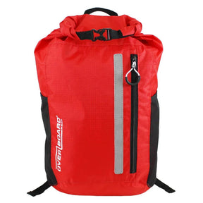 OverBoard wasserdichter Platzspar Rucksack rot mit schwarzen Schultergurten und grauem Reißverschluss, Frontalansicht