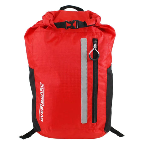 OverBoard wasserdichter Platzspar Rucksack rot mit schwarzen Schultergurten und grauem Reißverschluss, Frontalansicht