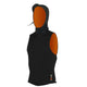 MDNS Neopren Haubenweste Polar Prime in Schwarz-Orange, ärmellos mit Kapuze, Frontalansicht