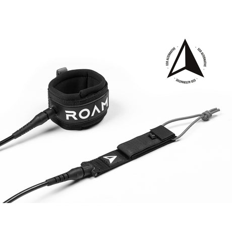 Roam Surfboard ECO Leash aus recyceltem Material in Schwarz mit Fußmanschette und Befestigungssystem