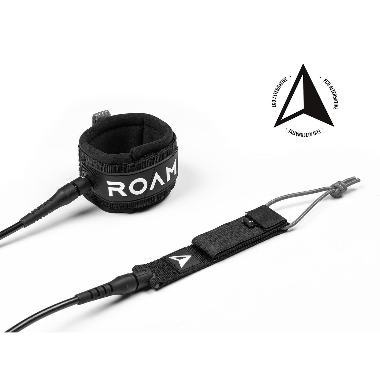 Roam Surfboard ECO Leash aus recyceltem Material in Schwarz, Manschette und Verbindungskabel sichtbar