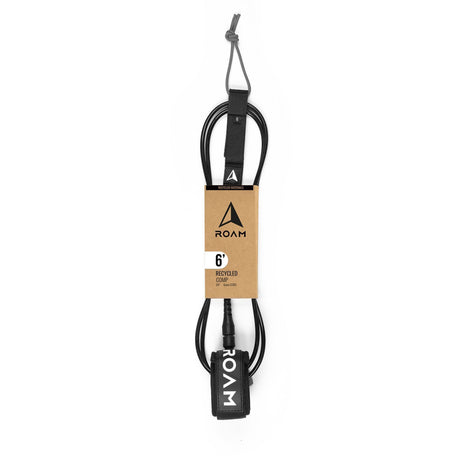 Roam ECO Comp Surfboard Leash 6 Zoll aus recyceltem Material, schwarz, mit Manschette und Befestigungssystem, Frontalansicht