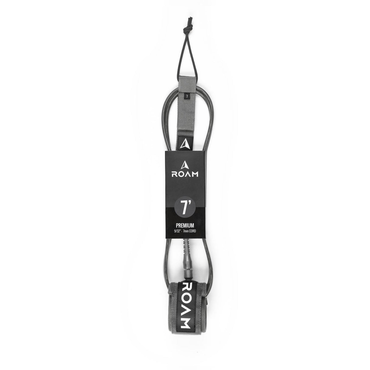 Roam Surfboard Leash Premium, grau, 7 Fuß, mit Manschetten und Branding-Label, Draufsicht