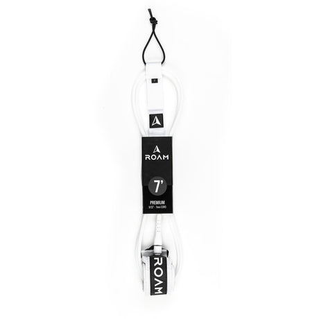 Roam Surfboard Leash Premium 7 Fuß weiß mit schwarzem Branding und Verschluss, Frontansicht