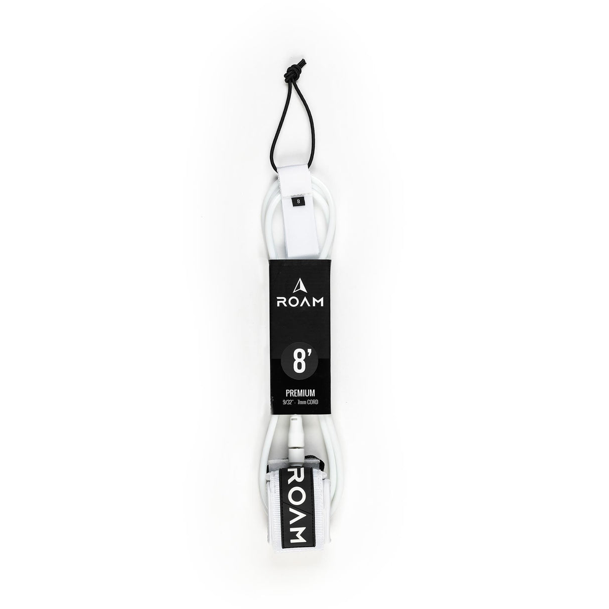 Roam Surfboard Leash Premium 8' weiß-schwarz mit Neopren-Manschette, Frontalansicht der komplett ausgerollten Leine