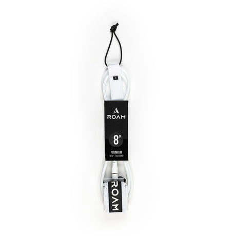 Roam Surfboard Leash Premium 8' weiß-schwarz mit Neopren-Manschette, Frontalansicht der komplett ausgerollten Leine