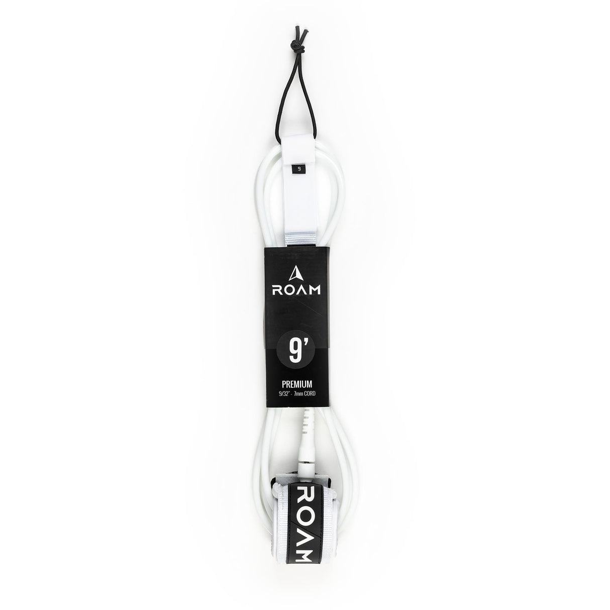 Roam Surfboard Leash Premium 9' weiß mit schwarzem ROAM-Logo, Draufsicht auf vollständige Leine mit Manschetten