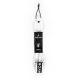 Roam Surfboard Leash Premium 9' weiß mit schwarzem ROAM-Logo, Draufsicht auf vollständige Leine mit Manschetten