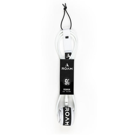 Roam Surfboard Leash Premium Knie weiß 9 Fuß mit schwarzem Band und Verbindungselementen, Frontalansicht