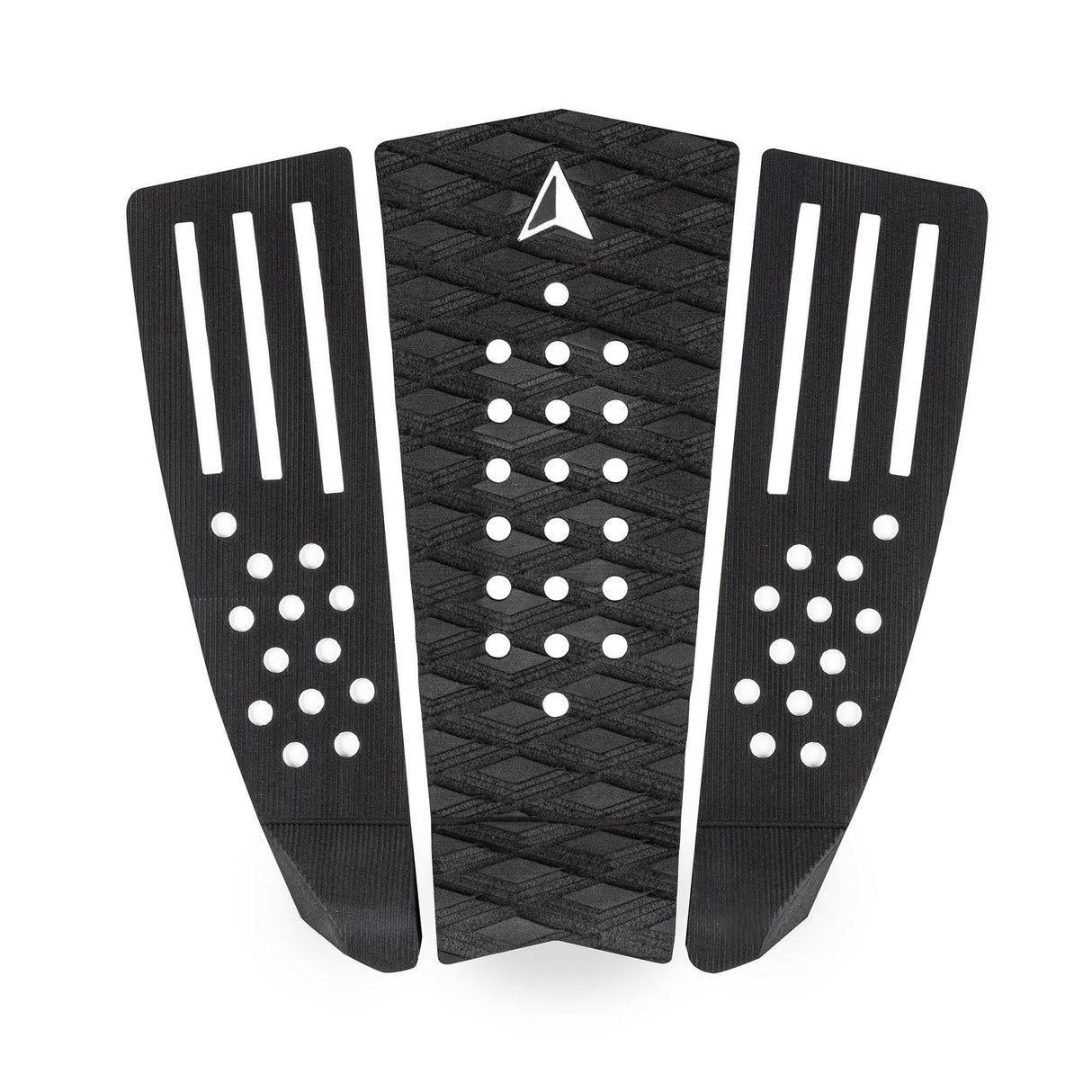 Roam Footpad Deck Grip Traction Comp Pad, schwarzes dreiteiliges Griffpad mit weißen Noppen und Linien, Draufsicht