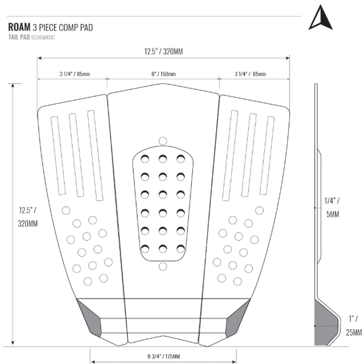 Roam 3-teiliges Comp Pad Deck Grip in Grau, technische Zeichnung mit Draufsicht und Seitenansicht, Maßzeichnung