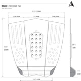 Roam 3er Comp Pad Deck Grip Traction Pad, schwarze Griffstruktur mit Lochdesign, technische Draufsicht und Seitenansicht