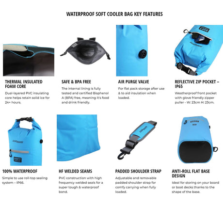 OverBoard Soft Cooler Bag blau, wasserdicht mit Thermal-Isolierung, Luftventil und Reflexionsreißverschluss