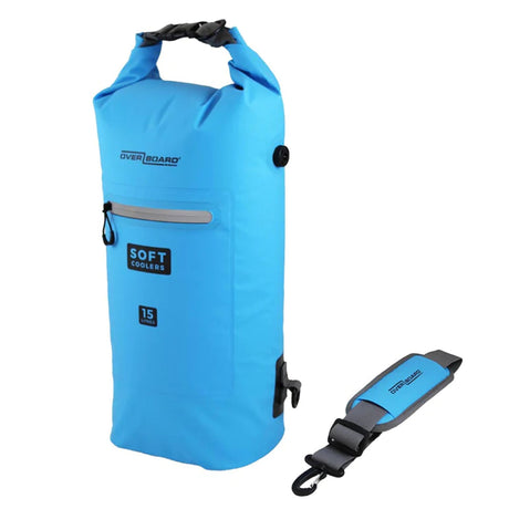 OverBoard Soft Cooler Bag 15L blau, wasserdichte Kühltasche mit Tragegriffen und Schultergurt, Frontansicht