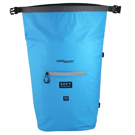 OverBoard Soft Cooler Bag 30L in Blau mit schwarzem Schultergurt und Reißverschlusstasche, Vorderansicht
