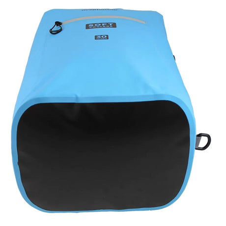 OverBoard Soft Cooler Bag in Blau mit schwarzer Öffnung, Draufsicht, wasserdichte Kühltasche mit Tragegriff