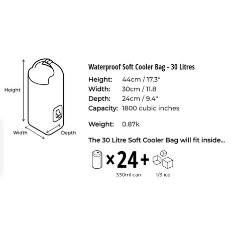 OverBoard Soft Cooler Bag 30 Liter, wasserdicht, weiß, mit Maßangaben und Fassungsvermögen-Details