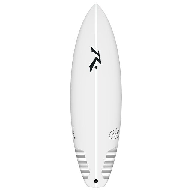 Rusty TEC SD Shortboard, weißes Surfboard mit schwarzem Rusty-Logo, Draufsicht