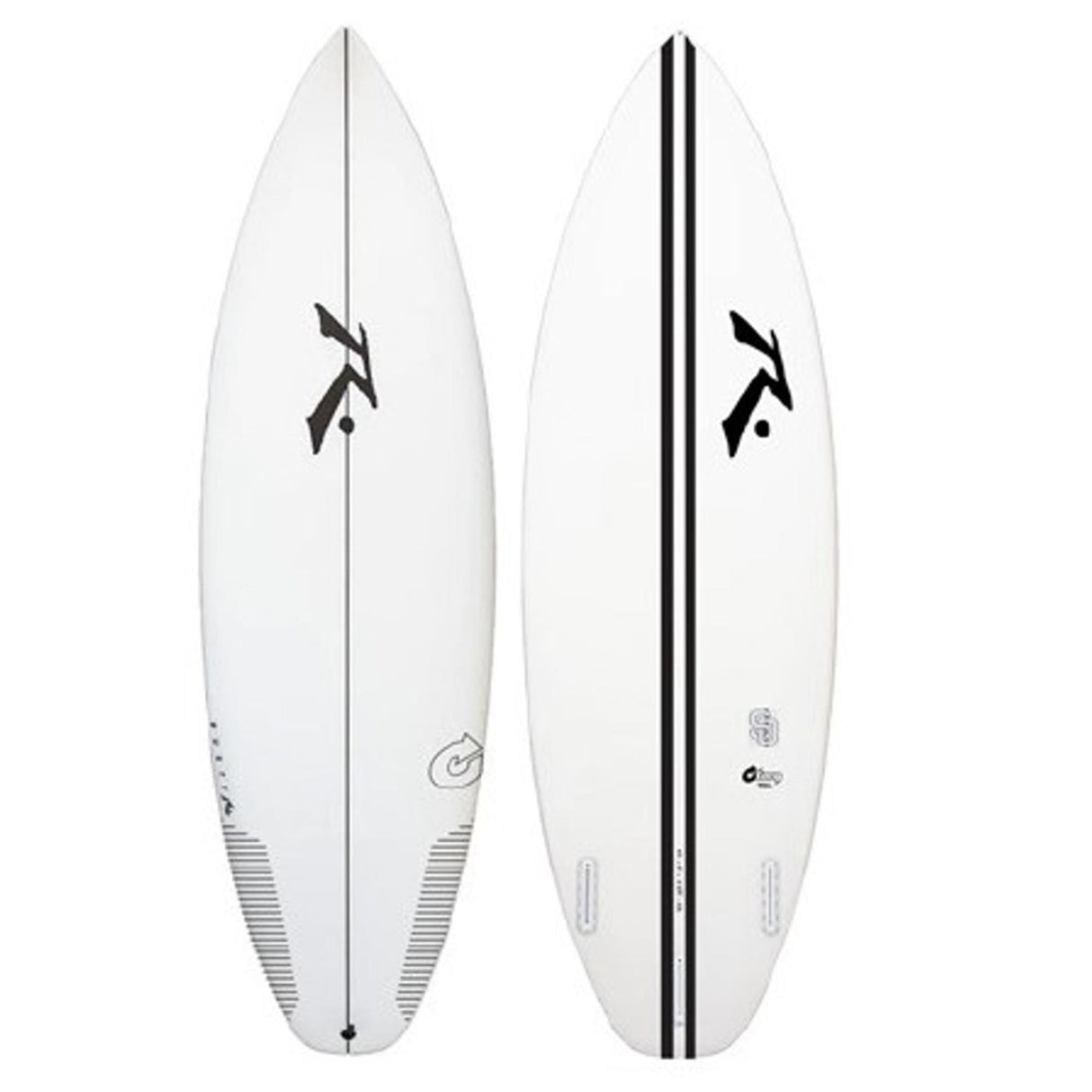 Rusty TEC SD Shortboard Surfbrett weiß, Draufsicht und Unterseite mit schwarzem Stripe und Logo
