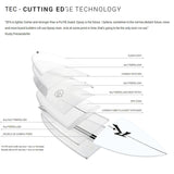 Rusty TEC SD Shortboard weiß mit Technologie-Details: EPS Core, Carbon Patches, Fiberglass und Clear Coat in Seitenansicht