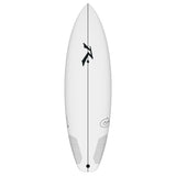 Rusty TEC SD Shortboard, weißes Surfbrett mit schwarzem Logo, Draufsicht, Kunstharz-Konstruktion