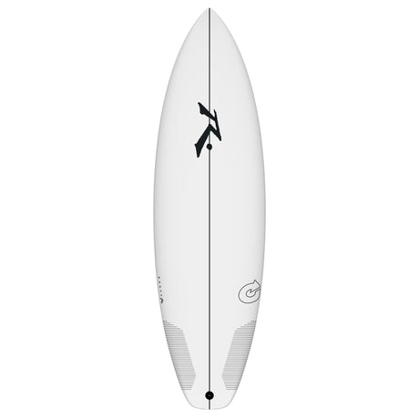 Rusty TEC SD Shortboard, weißes Surfbrett mit schwarzem Logo, Draufsicht, Kunstharz-Konstruktion