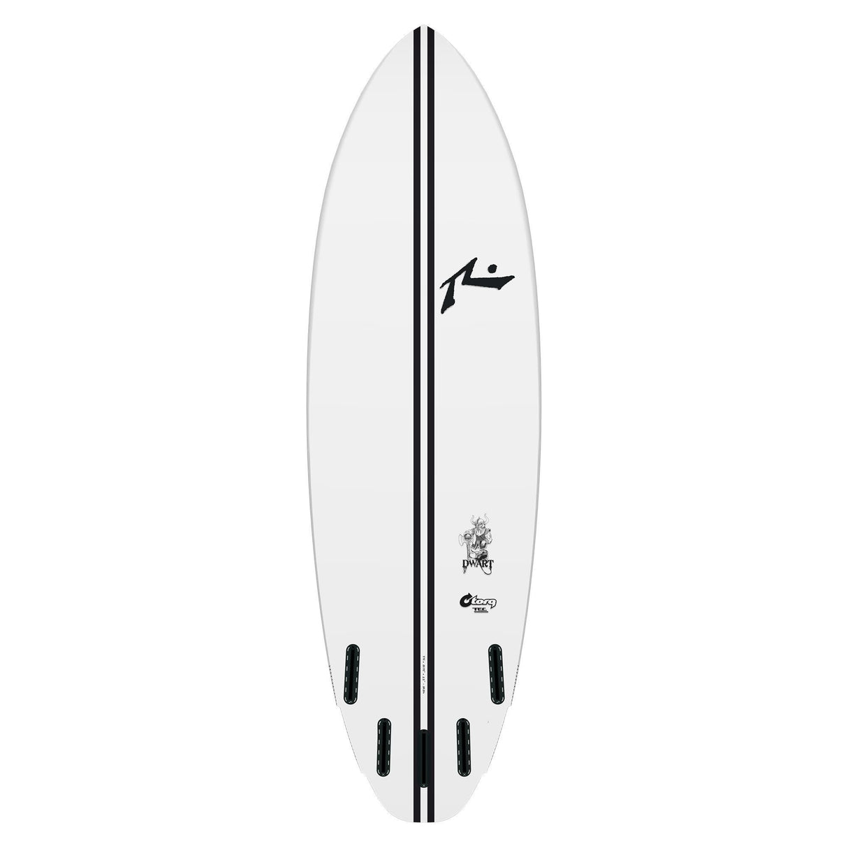 Rusty Dwart Surfboard, weiß mit schwarzem Mittelstreifen, Kunststoff, vier Finnen, Frontalansicht