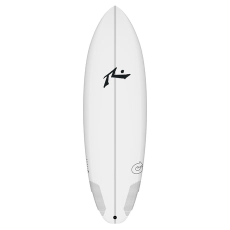 Rusty Dwart weißes Surfboard mit schwarzem Logo, Draufsicht, kompakte Fischform mit abgerundeter Spitze