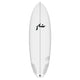 Rusty Dwart weißes Shortboard mit schwarzem Logo, Draufsicht, Surfboard mit Finnen-Design