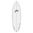 Rusty Dwart weißes Shortboard mit schwarzem Logo, Draufsicht, Surfboard mit Finnen-Design