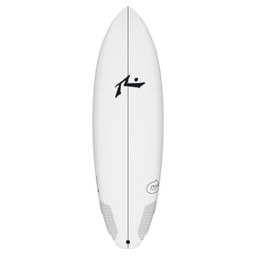 Rusty Dwart weißes Shortboard mit schwarzem Logo, Draufsicht, Surfboard mit Finnen-Design