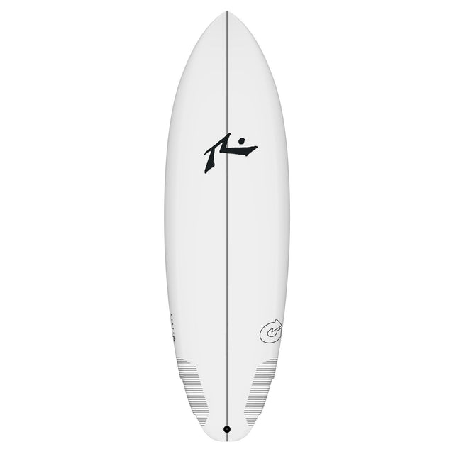 Rusty Dwart weißes Shortboard mit schwarzem Logo, Draufsicht, Surfboard mit Finnen-Design