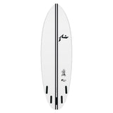 Rusty Dwart Surfboard weiß mit schwarzem Mittelstreifen und Finnen, Draufsicht