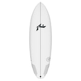 Rusty Dwart Surfboard weiß, Fischform, Draufsicht mit Rustys Logo und Finnen-Details