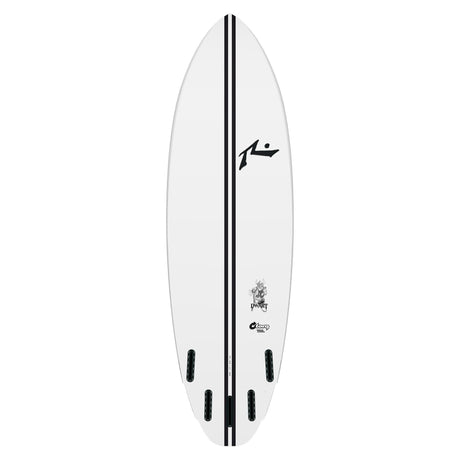 Rusty Dwart Surfboard weiß mit schwarzem Mittelstreifen, Draufsicht, vier Finnen