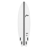 Rusty TEC Moby Fish Quad weißes Surfboard mit schwarzem Mittelstreifen und vier Finnen, Draufsicht