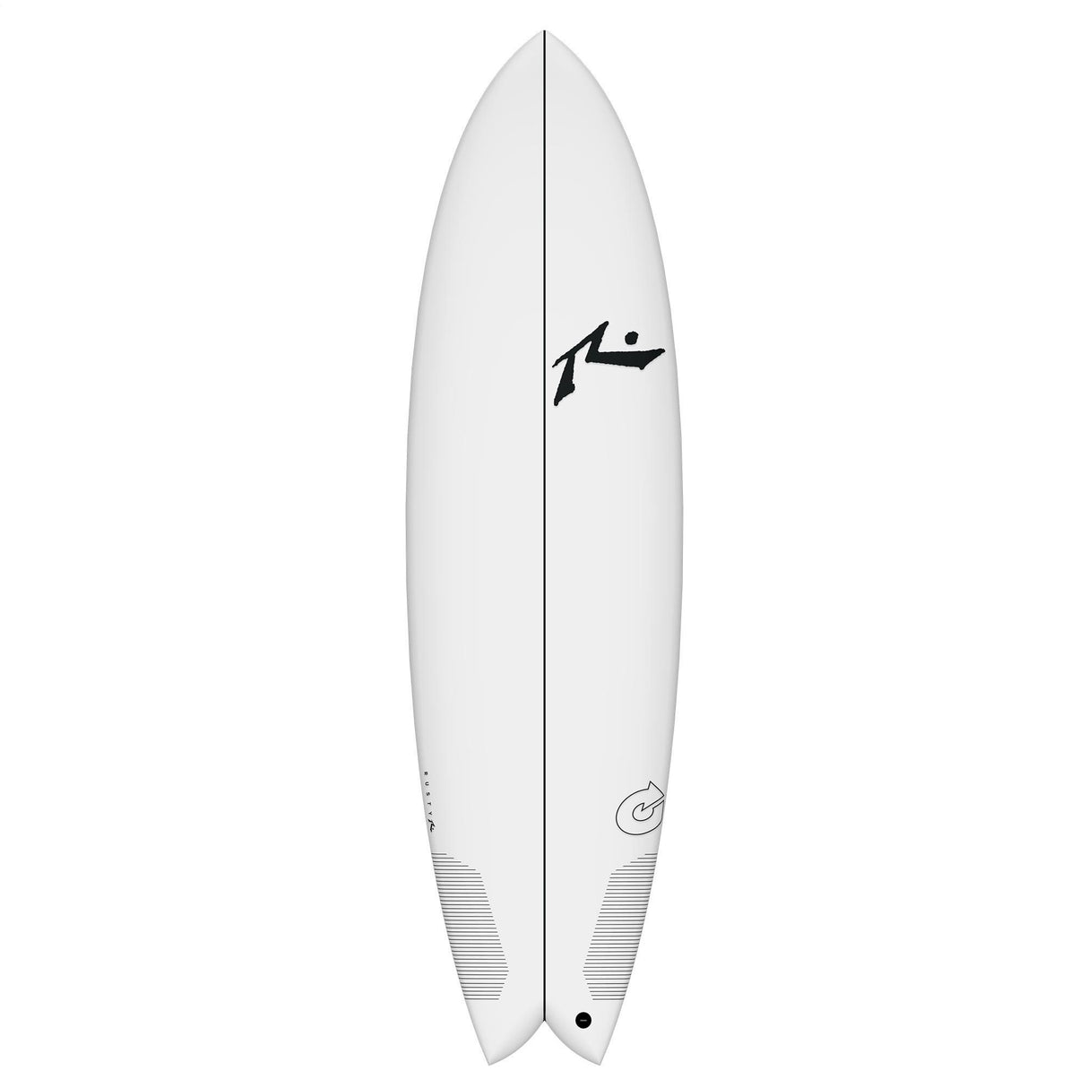Rusty TEC Moby Fish Quad Surfboard, weiß, Fischform, Draufsicht