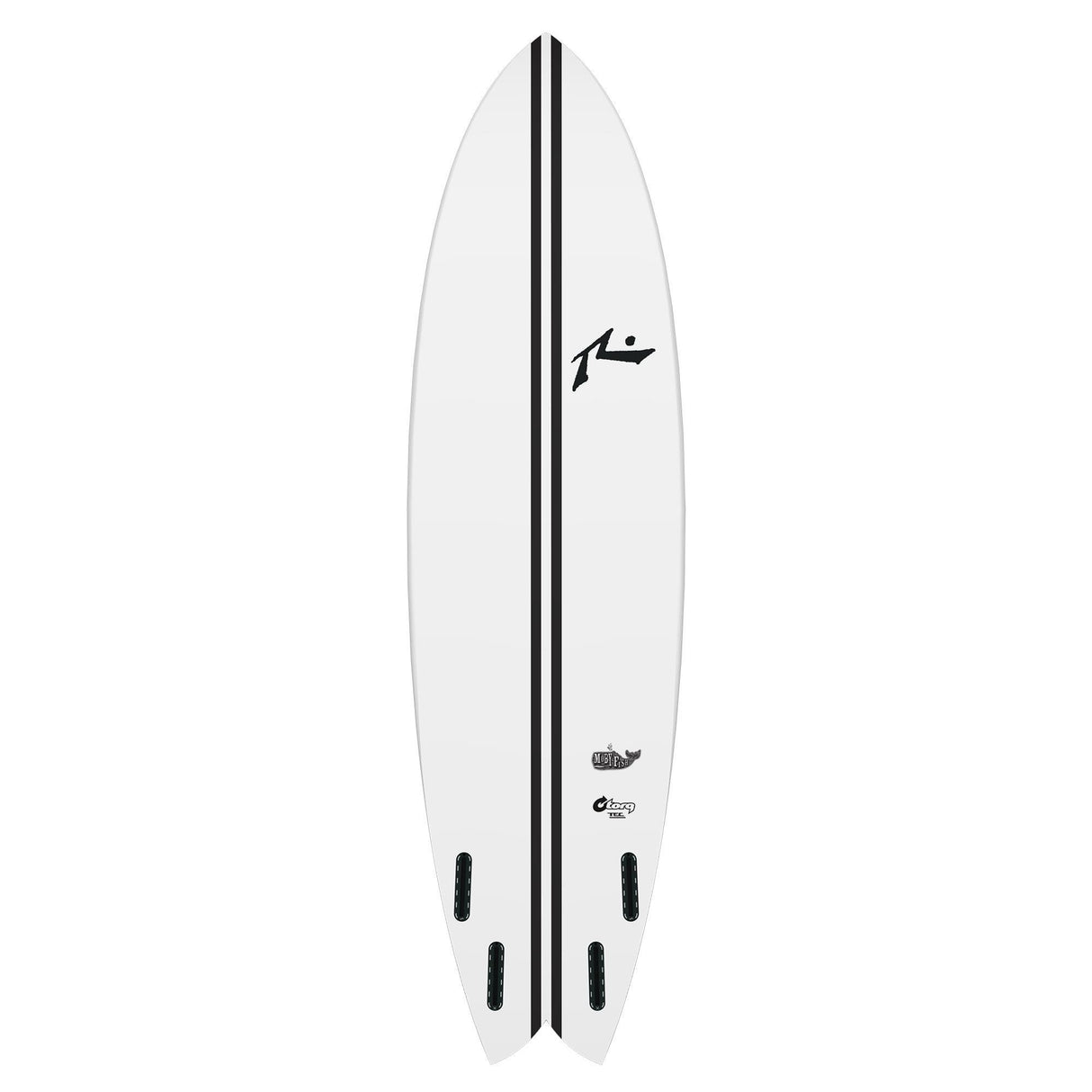 Rusty TEC Moby Fish Quad Surfboard weiß mit schwarzem Centerline und vier Finnen, Aufsicht